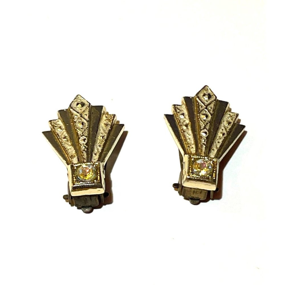 Vintage Clip-on Art Deco Silver-Tone Earrings Rhinestone Detail Signed W.Germany